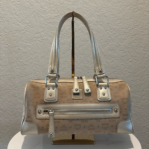 MCM Handbags - MCM Pearl Tan Leather Canvas Handbag